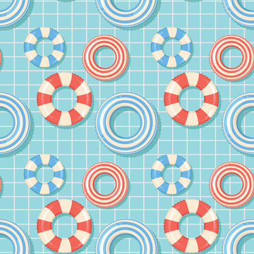 Seamless pattern of swimming inflatable ring. Blue grid surface background. Elements float on waves. Summer water pool top view.
