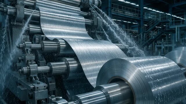 Medium shot capturing wide metal coils progressing steadily through the cold rolling mill line as the machinery reduces thickness in a welllit immaculate processing environment.