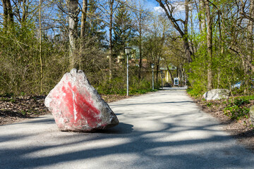 Large boulder on a shaded forest path, spring trees surrounding © agrope