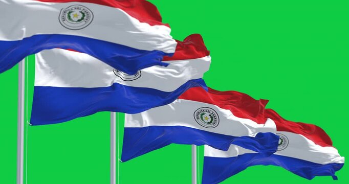 Paraguay national flags waving isolated on green background. Seamless 3D render animation. Chroma key. Slow motion loop. Green screen. 4K. Selective focus