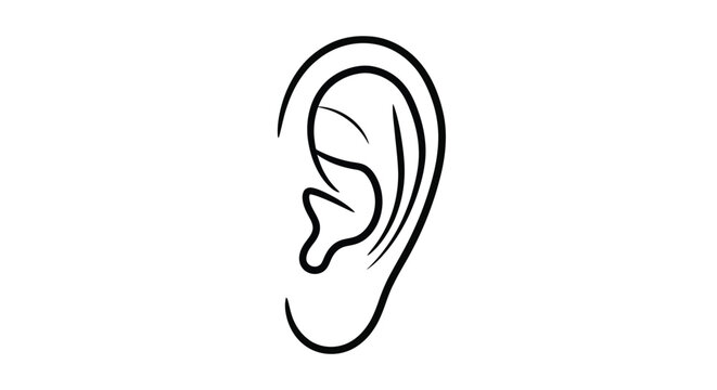A minimalist black and white line drawing depicts a human ear in a simple illustrative style