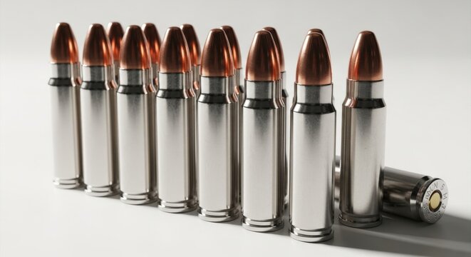 A row of shiny silver bullets with copper tips on a white surface, one lying on its side, for ammunition or firearm concepts