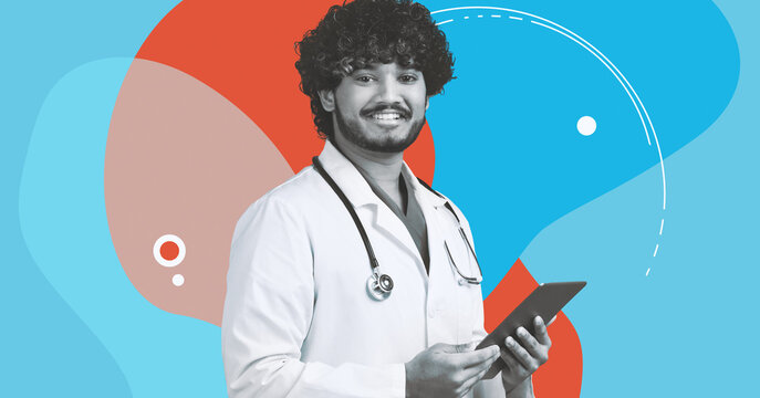 A doctor stands smiling while holding a tablet. The background features colorful abstract shapes and patterns. The setting suggests a modern healthcare or technology theme.
