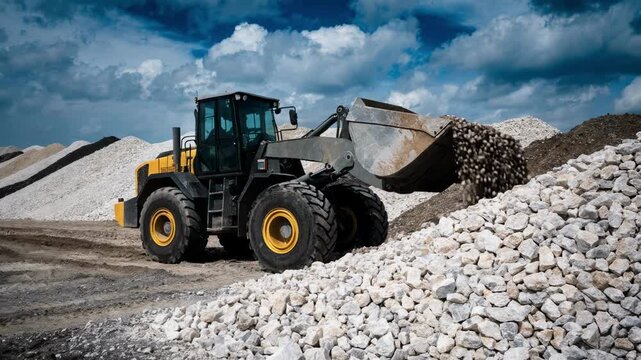 Medium shot of a wheel loader scooping mixed limestone and clay from neatly arranged windrows in a raw material blending yard under a cloudy sky.