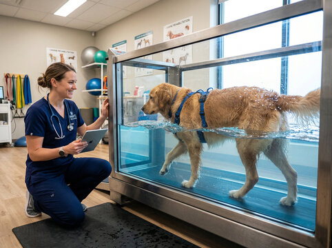 Female vet tech monitors a dog in a hydrotherapy pool