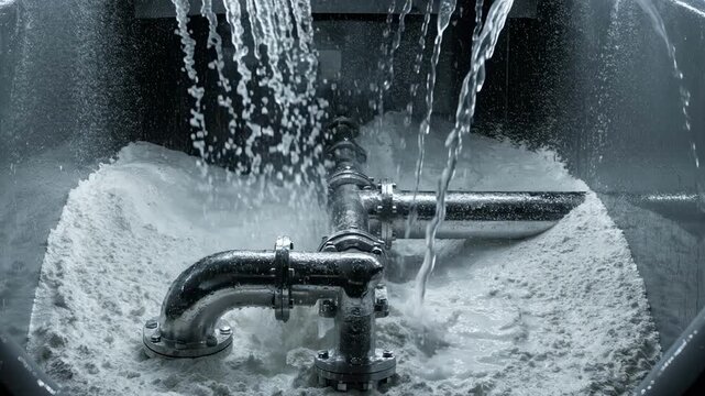 Medium shot of a stainless steel lime hydration slaker system showing a clean modern enclosed mixer where quicklime reacts with water to form hydrate. Medium shot of a painted