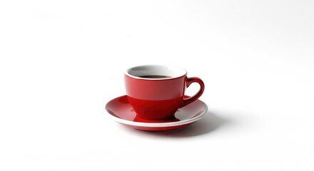 Obraz premium A red coffee cup and saucer on a white background, filled with coffee