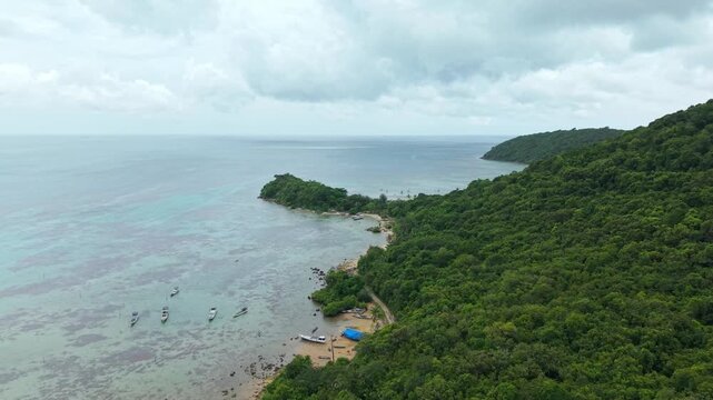 Aerial view of Annora Beach's tranquil coastline, where azure waters meet lush green forests under a vast sky, Karimunjawa, Central Java, Indonesia.