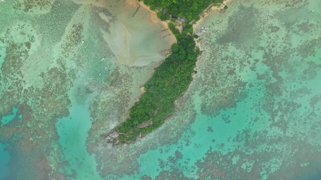 Aerial view of Annora Beach showing the contrast of turquoise waters meeting the green vegetation on land, Karimunjawa, Central Java, Indonesia.