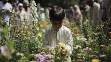 Naklejka premium Child amidst a colorful flowerbed