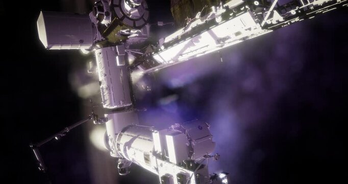 Engineers are conducting a docking procedure with a space station in low Earth orbit under the dark expanse of space, illuminated by artificial lights and equipment.