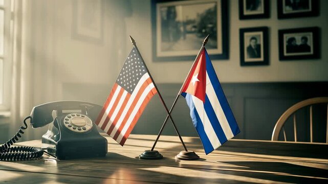 American and Cuban flags crossed on a vintage office desk with retro telephone. Geopolitical diplomacy and international relations treaty between two nations.