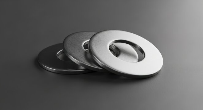 Three silver metal washers stacked on top of each other on a gray background