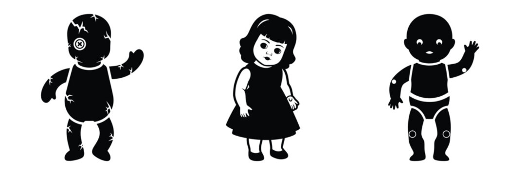 creepy doll silhouette set vector illustration