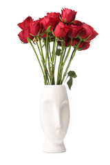 Obraz premium Vase with bouquet of beautiful red rose flowers on white background