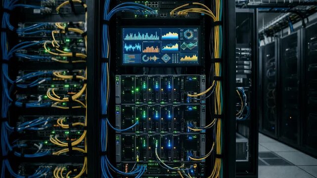 Focused view of a dense server rack array highlighting arbitrage algorithm performance visuals while adjacent servers and cables remain softly blurred.