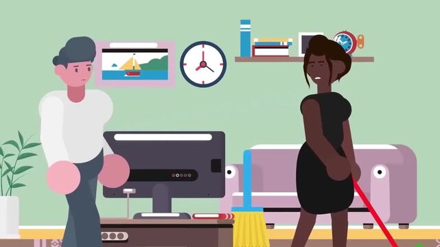 2D Animation of a Woman Cleaning an Office with a Broom while a Man Works at a Computer, Workplace Routine