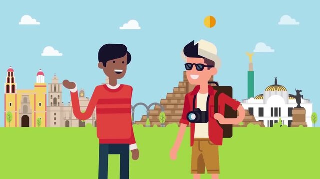 2D Animation of Two Men as Tourists Visiting an Ancient Monument or Heritage Site, Travel Blog Concept