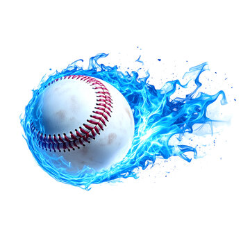 White baseball with classic red stitching powerfully engulfed in dynamic blue flames and vibrant energy streaks, representing speed and intense competitive spirit&nbsp;