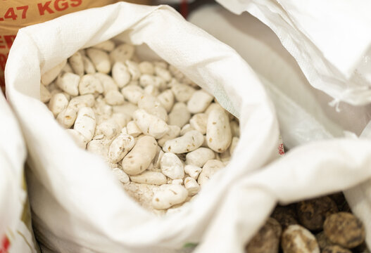 White chuno or black chuno in sack. Stocks of white chuno, frozen wild potato root vegetable products, traditional latin American carbohydrates product