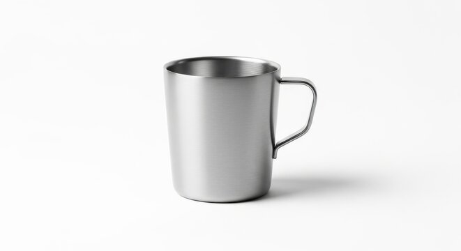 Stainless steel mug with handle on white background, isolated metal cup for hot beverages, modern design