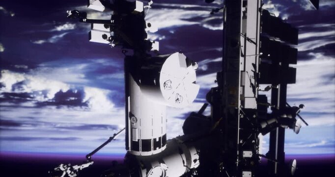 Astronauts work on a spacewalk near the International Space Station, showcasing advanced technology against the backdrop of Earth and its stunning cloud formations during daylight.