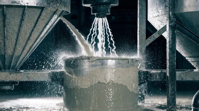 Medium shot of refractory castable mixing station combining dry minerals and water highlighting the lowcement blend preparation for durable monolithic linings.