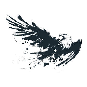 Falcon. Black white Chinese brushstrokes style illustration.