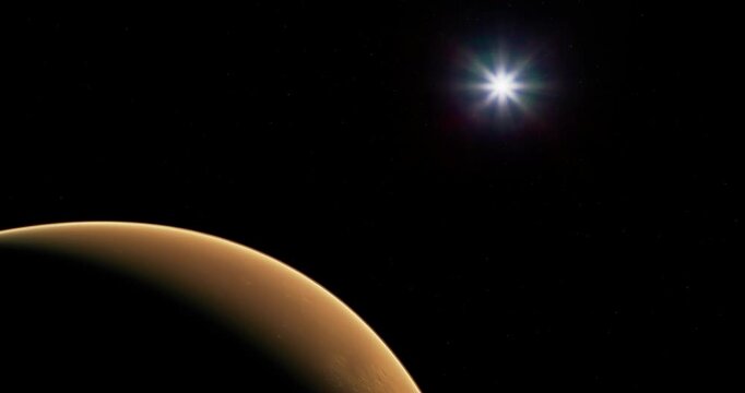 A breathtaking view captures the curve of Mars against the backdrop of deep space. The bright sun shines brightly, adding to the majesty of the Martian landscape, creating a stunning celestial scene.