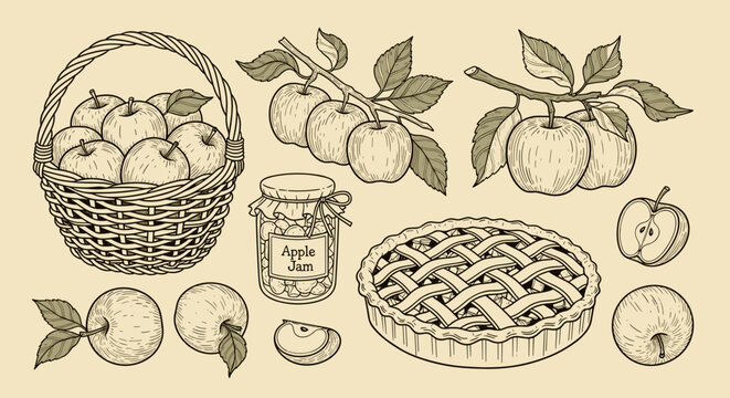 Whimsical illustration of a peach pie basket and fresh peaches on a beige background with leaves and a jar
