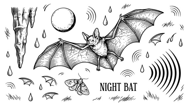 Hand drawn engraving vector illustration set of a flying bat in a cave at night with moon, moth, stalactites and echolocation sound waves