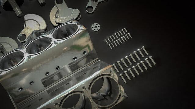 Shiny Engine Cylinder Block And Pistons Mechanical Parts 3d render.