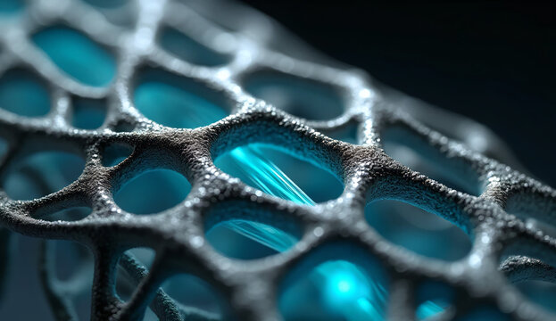 Extreme Macro of a 3D Printed Bionic Titanium Lattice Structure with Internal Cyan Fiber-Optic Light