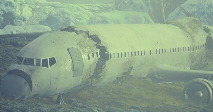 Amidst a haunting fog, the wreckage of a once mighty airplane lies scattered across rugged terrain. Nature reclaims the rusted metal, creating an eerie, timeless atmosphere.