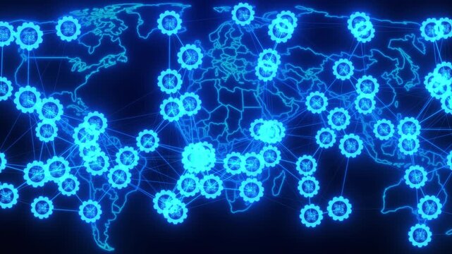 Futuristic Digital World Map Featuring A Global Network Of Glowing Blue Gear Icons With Integrated Qr Codes Connected By Intricate Data Lines On A Dark Background. This Conceptual Visualization Repres