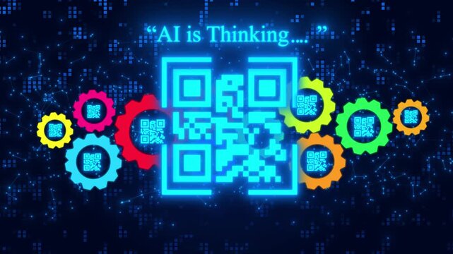 Abstract Digital Concept Featuring A Glowing Neon Cyan Qr Code With The Text Ai Is Thinking Centered Among Vibrant Multi-colored Gears And Cogs Against A Dark Blue Background With Pixel Grids And Plex