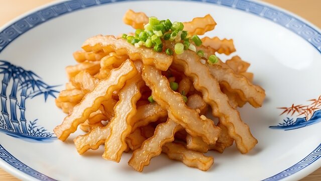Crunchy Delight: A culinary masterpiece featuring crispy, golden-brown fried burdock root, expertly arranged and garnished with fresh green onion, offering a visual and gustatory feast.