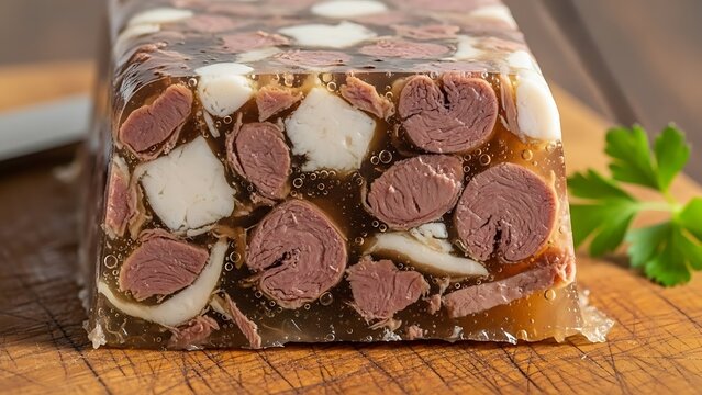 Savory Delicacy: A close-up shot of a gourmet terrine, showcasing tender slices of meat suspended in a clear, flavorful aspic on a wooden board.