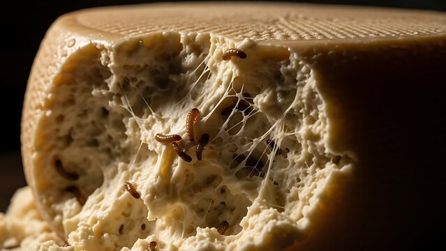 Cazu Marzu Cheese: A close-up view unveils the unique Cazu Marzu cheese, a Sardinian delicacy. This unique cheese has live insect larvae (maggots).