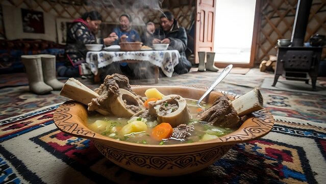 Hearty Feast in Yurt: A culinary experience unfolds as a close-up shot presents a rustic bowl of hearty bone broth, served at a table surrounded by friends and family inside of a traditional yurt.