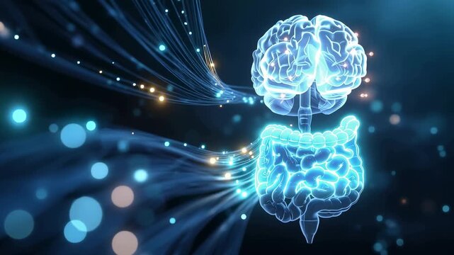 Gut-Brain Axis Connection: Glowing Blue Brain and Intestine Concept of Human Anatomy and Microbiome