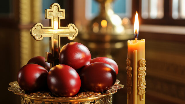 Red eggs and candle near a golden cross in an Orthodox church during a religious celebration