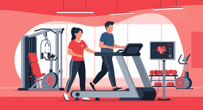 Man and woman exercising on treadmill in gym.