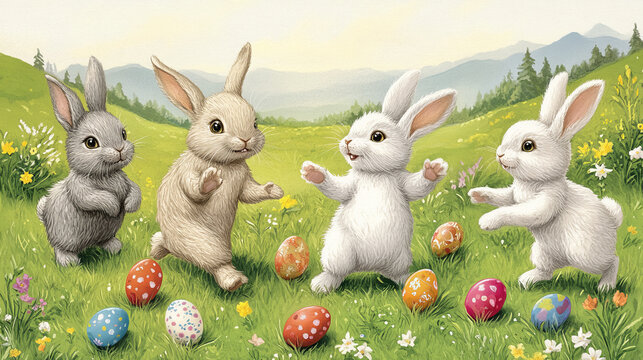 Cute rabbits hunt for colorful eggs in a grassy field during springtime celebration with flowers and mountains in the background