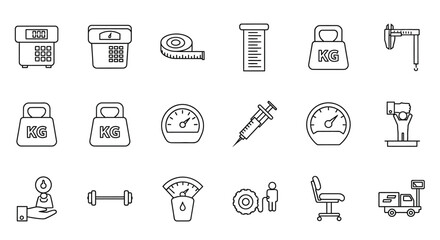 Fototapeta premium Collection of linear icons depicting various measuring tools weights medical devices and fitness equipment