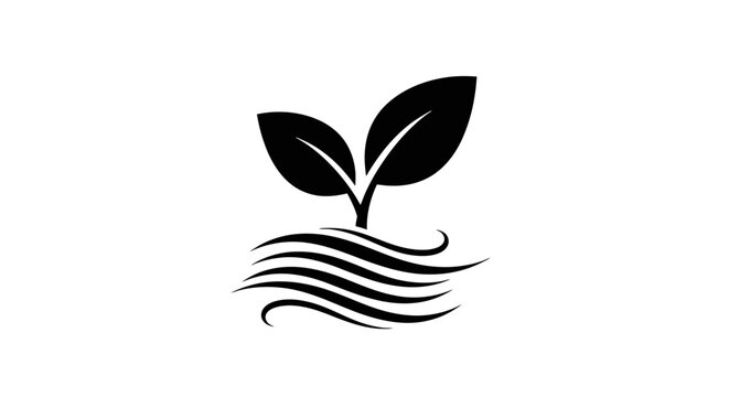 Stylized black and white graphic of a young plant with two leaves emerging from wavy lines representing water or earth.