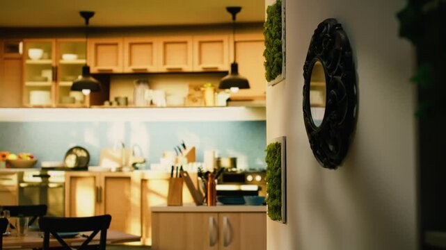 Bright empty home hallway with modern interior design and elegant decorations, cozy apartment corridor. Wooden floor, simple furniture and warm sunshine highlighting stylish domestic life.