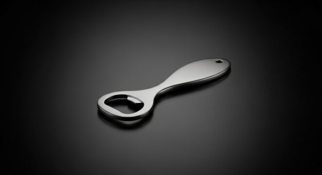A shiny metal bottle opener on a dark background, perfect for beer and soda enthusiasts, with a sleek design and smooth finish.