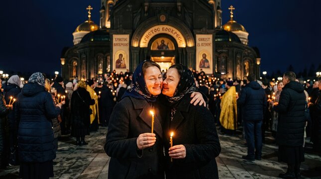 Two happy Orthodox women hugging and holding lit candles during the Easter night service celebration in front of a cathedral.
