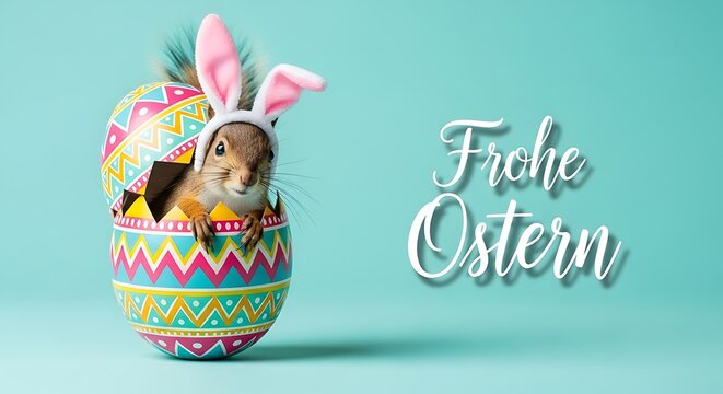 Frohe ostern colorful easter egg with bunny face and 'frohe ostern' text